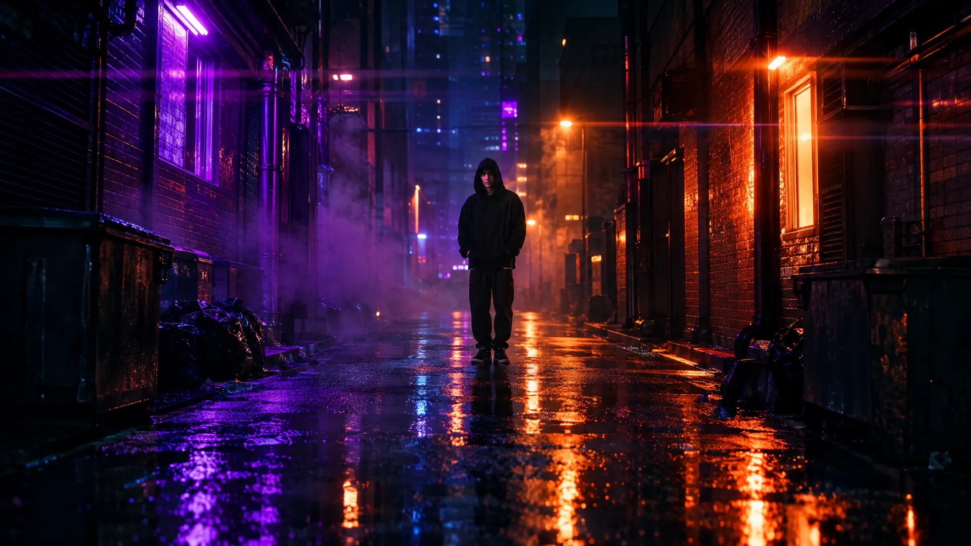 Night drop campaign still in a neon alley (AI-generated)