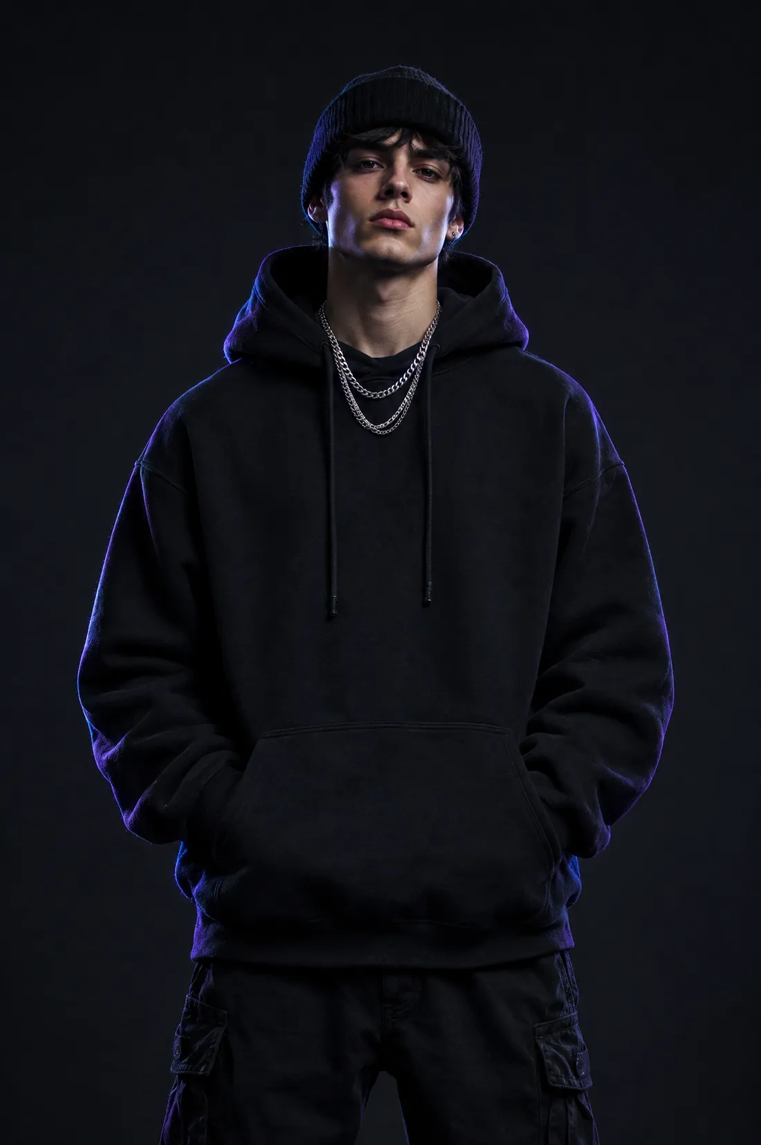 Streetwear model in an oversized black hoodie (AI-generated)